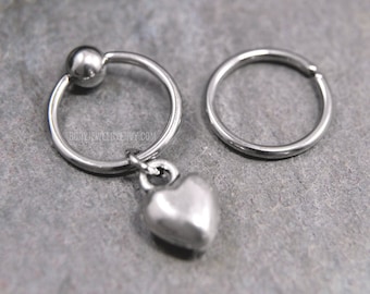 Love Heart Charm Cartilage Jewelry, 316L Stainless Surgical Steel 20g/18g/16g/14g 6mm-19mm Captive Bead Ring CBR or Bendable Hoop, Silver