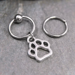 Paw Print Cartilage Jewelry, Captive Bead Ring CBR or Bendable Hoop 316L Stainless Surgical Steel 20g/18g/16g/14g 6mm-19mm, Silver Cat Charm