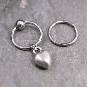 Love Heart Charm Cartilage Jewelry, 316L Stainless Surgical Steel 20g/18g/16g/14g 6mm-19mm Captive Bead Ring CBR or Bendable Hoop, Silver