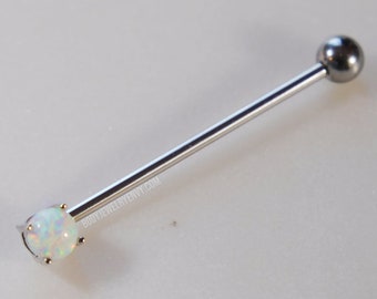 Lab Opal Industrial Barbell, 14g 32mm/35mm/36mm/38mm/40mm/50mm/51mm, 316L Surgical Steel Upper Ear Cartilage Bar Piercing Jewelry White Fire