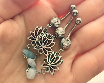 Aquamarine Lotus Dangle Belly Ring, 14 gauge 3/8 inch (10mm) 316L Stainless Surgical Steel Navel Curve, Long Silver Dangle, Gem Belly Ring