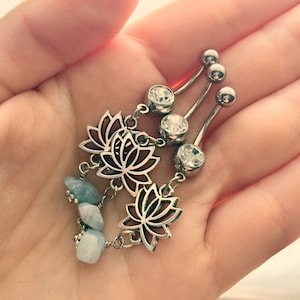 Aquamarine Lotus Dangle Belly Ring, 14 gauge 3/8 inch (10mm) 316L Stainless Surgical Steel Navel Curve, Long Silver Dangle, Gem Belly Ring
