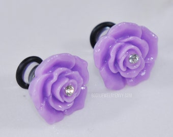 Plugs 2g 0g 00g Lavender Flower 6mm 8mm 10mm, Stretched Ears Jewelry, Pair Hider Plug Gauges Gauged Lobes Tunnel Piercing Floral Purple Rose