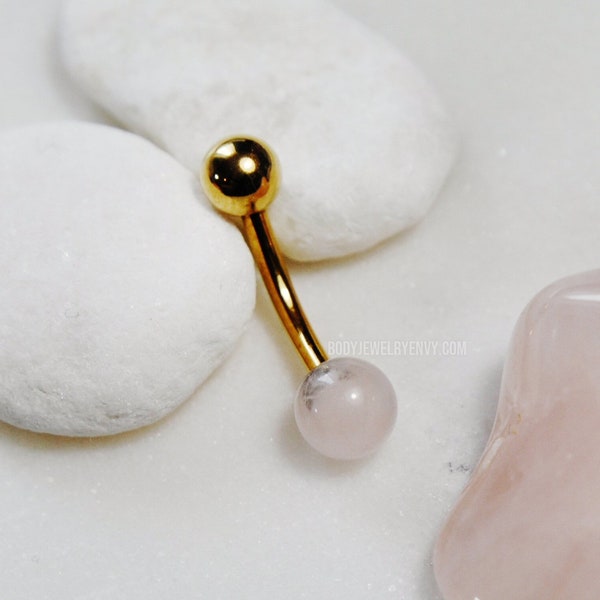 Rose Quartz Belly Ring, Choose Color 316L Surgical Steel Belly Ring Silver/Gold/Rose Gold/Black, Navel Piercing 14G 14 Gauge Bar, Crystal