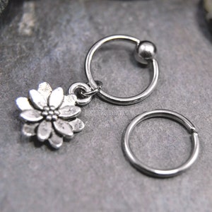 Cherry Blossom Cartilage Jewelry, 316L Stainless Surgical Steel 20g/18g/16g/14g 6mm-19mm Captive Bead Ring CBR or Bendable Hoop Silver Charm