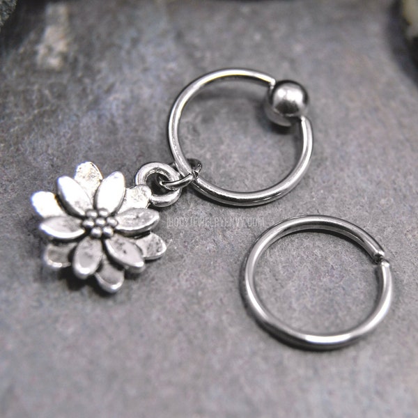 Cherry Blossom Cartilage Jewelry, 316L Stainless Surgical Steel 20g/18g/16g/14g 6mm-19mm Captive Bead Ring CBR or Bendable Hoop Silver Charm