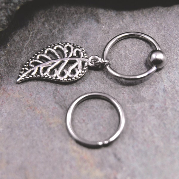 Filigree Leaf Cartilage Jewelry, 20g/18g/16g/14g 6mm-19mm 316L Stainless Surgical Steel Captive Bead Ring CBR or Bendable Hoop, Silver Charm