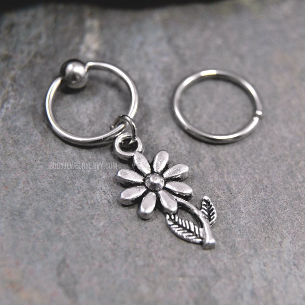 Daisy Cartilage Jewelry, 20g/18g/16g/14g 6mm-19mm 316L Stainless Surgical Steel Captive Bead Ring CBR or Bendable Hoop, Silver Flower Charm