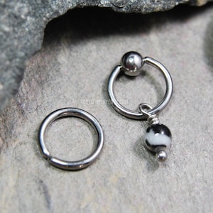 Zebra Jasper Cartilage Jewelry Captive Bead Ring CBR or Bendable Hoop 316L Stainless Surgical Steel 20g/18g/16g/14g 6mm-19mm Black White