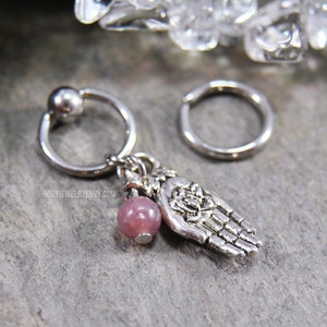 Lepidolite Hand Cartilage Jewelry, Captive Bead Ring CBR or Bendable Hoop 316L Stainless Surgical Steel 20g/18g/16g/14g 6mm-19mm Lotus Hamsa