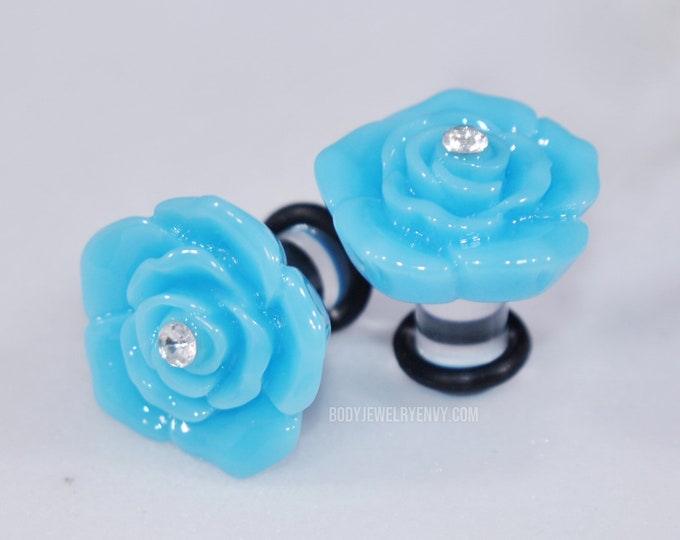 PAIR 2g 6mm Flower Plugs Light Blue Crystal Rose No Flare Etsy