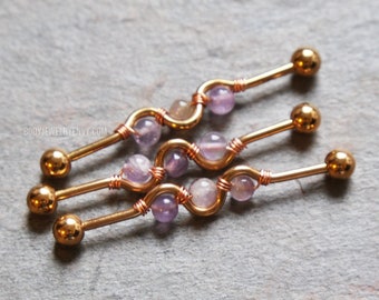 Amethyst Crystal Wire-Wrap Industrial Bar 14g 35mm/38mm 316L Surgical Steel Silver/Gold/Rose/Black Purple Birthstone Wavy Cartilage Barbell