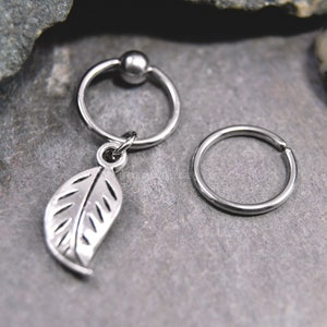 Leaf Cartilage Jewelry, Captive Bead Ring CBR or Bendable Hoop 316L Stainless Surgical Steel 20g/18g/16g/14g 6mm-19mm, Wavy Silver 3d Charm