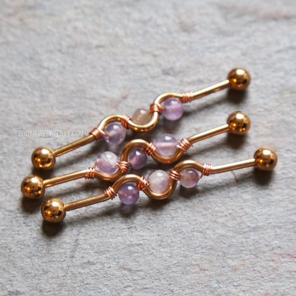 Amethyst Crystal Wire-Wrap Industrial Bar 14g 35mm/38mm 316L Surgical Steel Silver/Gold/Rose/Black Purple Birthstone Wavy Cartilage Barbell