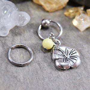 Yellow Jade Hibiscus Cartilage Jewelry, Captive Bead Ring CBR or Bendable Hoop 316L Stainless Surgical Steel 20g/18g/16g/14g 6mm-19mm Floral