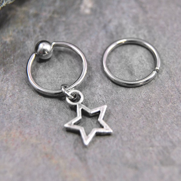 Star Cartilage Jewelry, 316L Stainless Surgical Steel 20g/18g/16g/14g 6mm-19mm Captive Bead Ring CBR or Bendable Hoop, Cut-Out Silver Charm