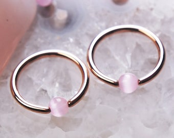 PAIR Pink Cat's Eye Nipple Rings, 316L Surgical Steel/Titanium, Manmade Gem Captive Bead Rings, 16g 14g 10mm/11mm/12mm/14mm/16mm/19mm SET
