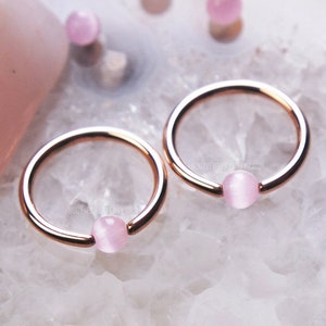 PAIR Pink Cat&#39;s Eye Nipple Rings, 316L Surgical Steel/Titanium, Manmade Gem Captive Bead Rings, 16g 14g 10mm/11mm/12mm/14mm/16mm/19mm SET