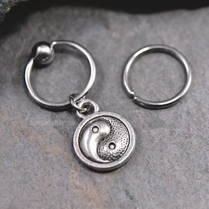 Yin Yang Cartilage Jewelry, Captive Bead Ring CBR or Bendable Hoop 316L Stainless Surgical Steel 20g/18g/16g/14g 6mm-19mm Silver Peace Charm