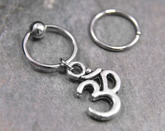 Om Cartilage Jewelry, Captive Bead Ring CBR or Bendable Hoop 316L Stainless Surgical Steel 20g/18g/16g/14g 6mm-19mm, Silver Ohm Symbol Charm