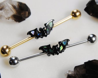 Abalone Bat Industrial Bar, Titanium or 316L Surgical Steel 14g 16g 32mm 35mm 38mm Gem Long Barbell Double Cartilage Piercing Vampire Wing