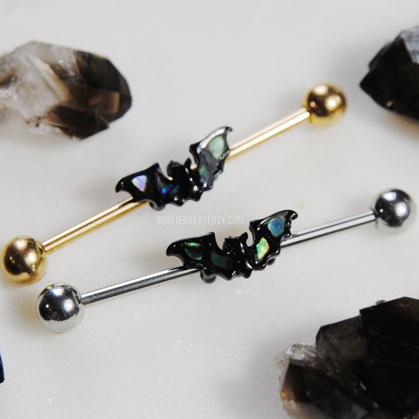 Abalone Bat Industrial Bar, Titanium or 316L Surgical Steel 14g 16g 32mm 35mm 38mm Gem Long Barbell Double Cartilage Piercing Vampire Wing