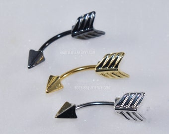 Curved Arrow Barbell, Silver Gold or Black, 316L Stainless Surgical Steel 16g 8mm 10mm / 14g 11mm, Belly Ring Navel Cartilage Rook Piercings