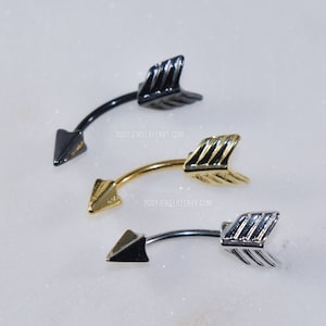 Curved Arrow Barbell, Silver Gold or Black, 316L Stainless Surgical Steel 16g 8mm 10mm / 14g 11mm, Belly Ring Navel Cartilage Rook Piercings