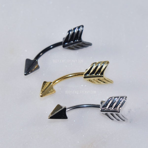 Curved Arrow Barbell, Silver Gold or Black, 316L Stainless Surgical Steel 16g 8mm 10mm / 14g 11mm, Belly Ring Navel Cartilage Rook Piercings