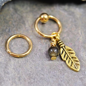 Golden Obsidian Feather Cartilage Jewelry Captive Bead Ring CBR or Bendable Hoop Gold 316L Stainless Surgical Steel 20g/18g/16g/14g 6mm-12mm