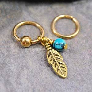 Veiny Turquoise Feather Cartilage Jewelry Captive Bead Ring CBR or Bendable Hoop Gold 316L Stainless Surgical Steel 20g/18g/16g/14g 6mm-12mm
