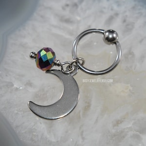 Moon Wire-Wrapped Cartilage Hoop, Black Iridescent Rondelle Bead Charm, 316L Stainless Surgical Steel, 20g 18g 16g 14g Captive Bead Ring CBR