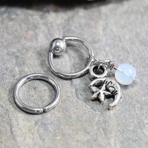 Opalite Moon Cartilage Jewelry Captive Bead Ring CBR or Bendable Hoop 316L Stainless Surgical Steel 20g/18g/16g/14g 6mm-19mm Star Bead Charm