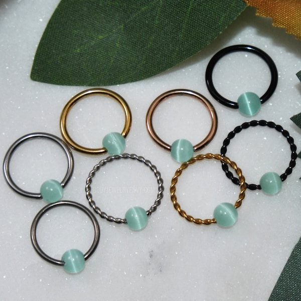 MINT CAT EYE Captive Bead Ring, Surgical Steel/Titanium Size 16g/14g Color Silver/Gold/Rose Gold/Black Style Plain/Braided Cbr, Aqua Cateye