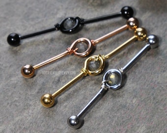 Labradorite Wire-Wrapped Loop Industrial Bar 14g 316L Stainless Surgical Steel Cartilage Piercing 32mm 35mm 38mm Silver Gold Rose Gold Black