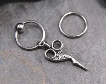 Joyería para cartílago con forma de tijeras, anillo con bola cautiva CBR o aro flexible de acero inoxidable quirúrgico 316L de 20 g/18 g/16 g/14 g, dije de tijeras plateado de 6 mm a 19 mm.