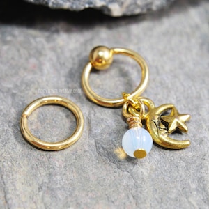 Opalite Moon Cartilage Jewelry Captive Bead Ring CBR or Bendable Hoop Gold 316L Stainless Surgical Steel 20g/18g/16g/14g 6mm-12mm Star Charm