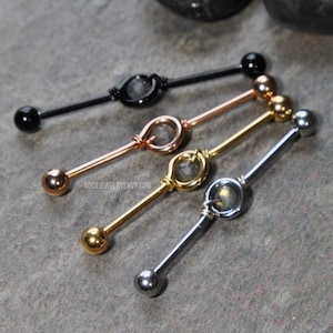 Labradorite Wire-Wrapped Loop Industrial Bar 14g 316L Stainless Surgical Steel Cartilage Piercing 32mm 35mm 38mm Silver Gold Rose Gold Black
