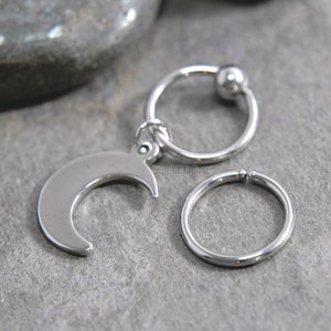 Moon Cartilage Jewelry, Captive Bead Ring CBR or Bendable Hoop 316L Stainless Surgical Steel 20g/18g/16g/14g 6mm-19mm, Lunar Silver Charm