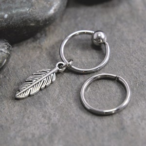 Feather Cartilage Jewelry, 316L Stainless Surgical Steel 20g/18g/16g/14g 6mm-19mm Captive Bead Ring CBR or Bendable Hoop, Silver Boho Charm
