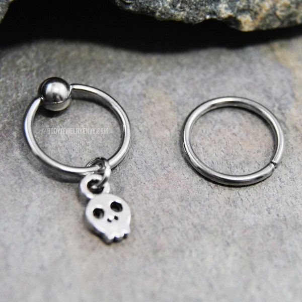 Tiny Skull Cartilage Jewelry, 316L Stainless Surgical Steel 20g/18g/16g/14g 6mm-19mm Captive Bead Ring CBR or Bendable Hoop, Silver Charm