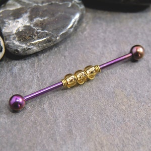 Purple Gold Industrial Bar, 14g 38mm Ion Plate 316L Surgical Steel Wire-Wrapped Beaded Upper Ear Cartilage Barbell Scaffold Piercing Jewelry