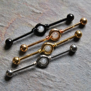 Moonstone Wire-Wrapped Loop Industrial Bar, 14g 316L Stainless Surgical Steel Cartilage Piercing, 32mm 35mm 38mm Silver Gold Rose Gold Black