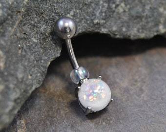 AB Sparkle Belly Ring - 14g 10mm 316L Stainless Surgical Steel Glitter Metallic Iridescent Flakie Foil Resin Opal Beaded Prong-Set White Gem