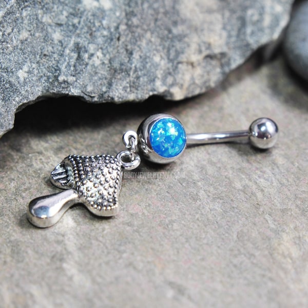 Mushroom Dangle Belly Ring, Blue Faux-Opal Resin Gem, Iridescent, Unique Fun Trippy Silver and Turquoise 14g 316L Stainless Surgical Steel