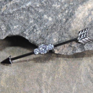 Black Arrow Industrial Bar Barbell, 14g or 16g 1-1/2" 316L Stainless Surgical Steel, Clear Gem Upper Ear Cartilage Scaffold Piercing Jewelry