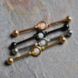 Moonstone Wire-Wrapped Loop Industrial Bar, 14g 316L Stainless Surgical Steel Cartilage Piercing, 35mm or 38mm, Silver Gold Rose Gold Black