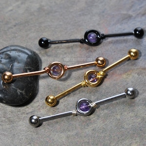 Ametist Industristång, trådlindad ögla 14g 316L rostfritt kirurgiskt stål broskpiercing, 35 mm eller 38 mm, silverguld roséguld svart