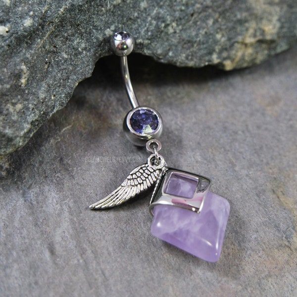 Amethyst Gemstone Dangle Belly Ring Antique Silver Angel Wing Charm Piercing Jewelry 14g 3/8" 10mm 316L Stainless Surgical Steel Navel Curve