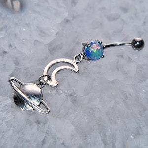 Saturn and Moon Dangle Belly Ring, 14g 3/8&quot; 316L Stainless Surgical Steel Navel Curve, Dark Blue Opal Glitter Gem, Long Dangle Belly Ring